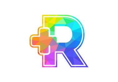 R harfinin baş harfleri artı işareti olan alfabe. Düşük polimerli sanat tarzı. Yazı tipi amblemi. Tıbbi veya sağlık sektörü ve şirket kimliği için modern vektör logosu