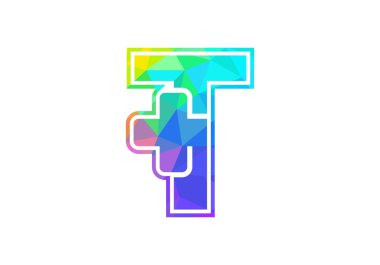 Baştaki T harfleri alfabesi artı logo işareti. Düşük polimerli sanat tarzı. Yazı tipi amblemi. Tıbbi veya sağlık sektörü ve şirket kimliği için modern vektör logosu