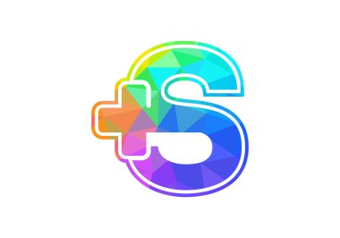 S harfinin baş harfleri alfabede artı işareti var. Düşük polimerli sanat tarzı. Yazı tipi amblemi. Tıbbi veya sağlık sektörü ve şirket kimliği için modern vektör logosu