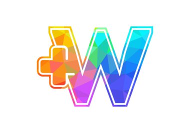 W harfli alfabede artı logo işareti var. Düşük polimerli sanat tarzı. Yazı tipi amblemi. Tıbbi veya sağlık sektörü ve şirket kimliği için modern vektör logosu