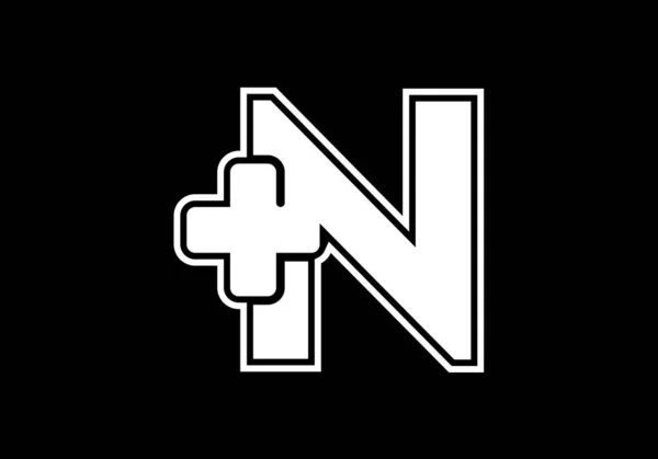 黒の背景にプラスのロゴサイン白を持つ最初のNのモノグラムアルファベット フォントエンブレム 医療や健康ビジネスのための現代的なベクターロゴ および会社のアイデンティティ — ストックベクタ