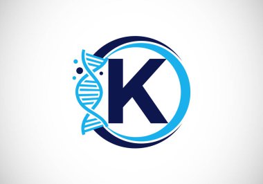 K harfinin baş harfleri, DNA 'lı bir çemberin içinde. Genetik logo tasarımı konsepti. Yazı tipi amblemi. Tıp, bilim, laboratuvar, iş ve şirket kimliği logosu