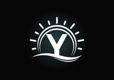 Y harfiyle başlayan alfabe soyut güneş ve dalga şeklinde. Okyanus güneş logosu tasarımı. Yazı tipi amblemi. İş için modern vektör logosu ve şirket kimliği