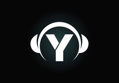 Y harfinin baş harfleri, kulaklıklı alfabe. Kulaklık logosu. Müzik işareti sembolü. Yazı tipi amblemi. Poster, afiş, tişört, defter kapağı, çıkartma, tebrik kartı, çanta, rozet için tasarım ögesi.
