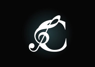 C harfinin baş harfleri, notalı alfabe. Senfoni ya da melodi işaretleri. Müzik işareti sembolü. Yazı tipi amblemi. Modern vektör logo tasarım şablonu.
