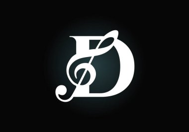 D harfinin baş harfleri alfabe şeklinde ve notalı. Senfoni ya da melodi işaretleri. Müzik işareti sembolü. Yazı tipi amblemi. Modern vektör logo tasarım şablonu.