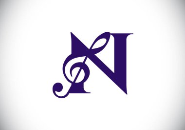 Müzikal notalı baş harfler N harfleri alfabesi. Senfoni ya da melodi işaretleri. Müzik işareti sembolü. Yazı tipi amblemi. Modern vektör logo tasarım şablonu.