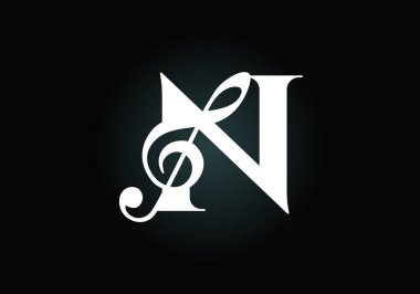 Müzikal notalı baş harfler N harfleri alfabesi. Senfoni ya da melodi işaretleri. Müzik işareti sembolü. Yazı tipi amblemi. Modern vektör logo tasarım şablonu.