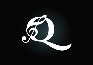 Q harfinin baş harfleri alfabe şeklinde ve notalı. Senfoni ya da melodi işaretleri. Müzik işareti sembolü. Yazı tipi amblemi. Modern vektör logo tasarım şablonu.