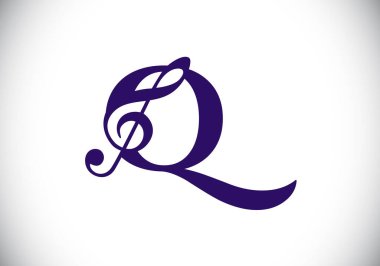 Q harfinin baş harfleri alfabe şeklinde ve notalı. Senfoni ya da melodi işaretleri. Müzik işareti sembolü. Yazı tipi amblemi. Modern vektör logo tasarım şablonu.