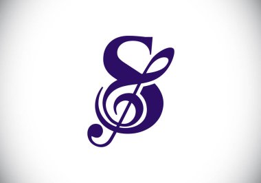 S harfinin baş harfleri alfabe şeklinde ve notalı. Senfoni ya da melodi işaretleri. Müzik işareti sembolü. Yazı tipi amblemi. Modern vektör logo tasarım şablonu.