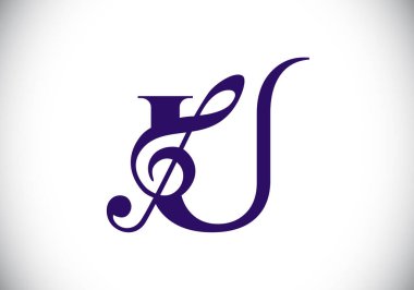 Müzikal notalı U harfli alfabe. Senfoni ya da melodi işaretleri. Müzik işareti sembolü. Yazı tipi amblemi. Modern vektör logo tasarım şablonu.