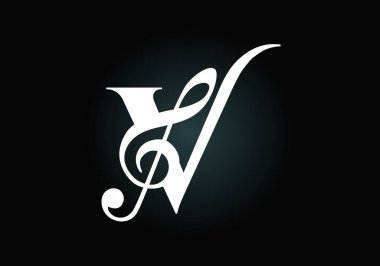 Müzikal notalı V harfli alfabe. Senfoni ya da melodi işaretleri. Müzik işareti sembolü. Yazı tipi amblemi. Modern vektör logo tasarım şablonu.