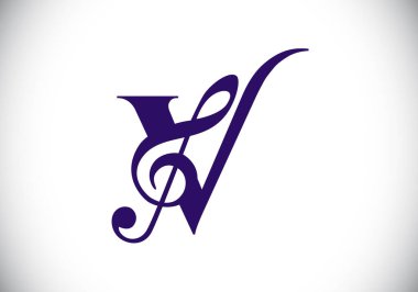 Müzikal notalı V harfli alfabe. Senfoni ya da melodi işaretleri. Müzik işareti sembolü. Yazı tipi amblemi. Modern vektör logo tasarım şablonu.