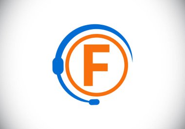 F harfinin baş harfleri alfabe ve kulaklıklı destek servisi. Kulaklık logosu. Yardım hattı müşteri tavsiyesi, çağrı merkezi yardımı. İş ve şirket kimliği için modern vektör logosu.