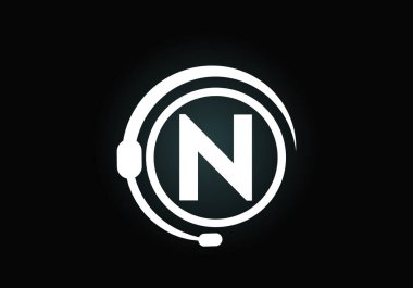 Baş harf N harfleri alfabesi ve kulaklıklı destek servisi. Kulaklık logosu. Yardım hattı müşteri tavsiyesi, çağrı merkezi yardımı. İş ve şirket kimliği için modern vektör logosu.