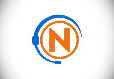 Baş harf N harfleri alfabesi ve kulaklıklı destek servisi. Kulaklık logosu. Yardım hattı müşteri tavsiyesi, çağrı merkezi yardımı. İş ve şirket kimliği için modern vektör logosu.