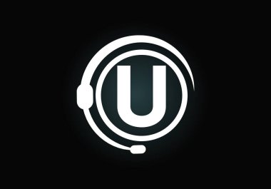 İlk U harfli harf alfabesi ve kulaklıklı destek servisi. Kulaklık logosu. Yardım hattı müşteri tavsiyesi, çağrı merkezi yardımı. İş ve şirket kimliği için modern vektör logosu.