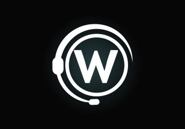 W harfinin baş harfleri alfabe ve kulaklıklı destek servisi. Kulaklık logosu. Yardım hattı müşteri tavsiyesi, çağrı merkezi yardımı. İş ve şirket kimliği için modern vektör logosu.
