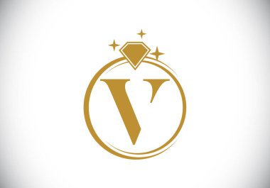 V harfinin baş harfleri alfabede Elmas ile daire şeklinde. Elmas Yüzük Logosu. Mücevher logosu tasarımı konsepti. İş ve şirket kimliği için modern vektör logosu.