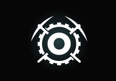 Kazma ve dişli işaretli O harfli baş harfli alfabe. Madencilik logosu tasarımı. Madencilik ve şirket kimliği için modern vektör logosu.