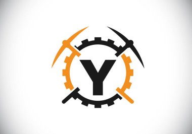 Y harfinin baş harfleri alfabede kazma ve vites levhası ile. Madencilik logosu tasarımı. Madencilik ve şirket kimliği için modern vektör logosu.