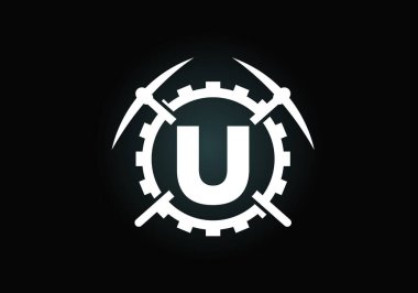 Kazma ve dişli işaretli U harfinin baş harfleri. Madencilik logosu tasarımı. Madencilik ve şirket kimliği için modern vektör logosu.