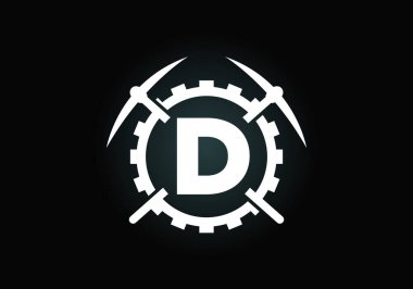 D harfinin baş harfleri alfabede kazma ve vites levhası ile. Madencilik logosu tasarımı. Madencilik ve şirket kimliği için modern vektör logosu.