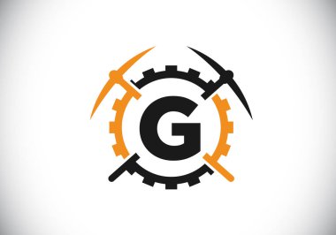 G harfinin baş harfleri alfabede kazma ve vites levhası ile. Madencilik logosu tasarımı. Madencilik ve şirket kimliği için modern vektör logosu.