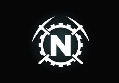 Kazma ve vites işaretli baş harfi N harfli alfabe. Madencilik logosu tasarımı. Madencilik ve şirket kimliği için modern vektör logosu.