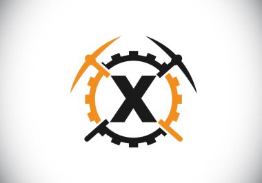 X harfinin baş harfleri alfabede kazma ve vites levhası ile. Madencilik logosu tasarımı. Madencilik ve şirket kimliği için modern vektör logosu.