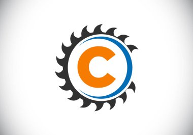Testereli C harfli monogram alfabesi. Marangozluk, marangozluk logosu tasarımı. Yazı tipi amblemi. kereste fabrikası ve şirket kimliği için modern vektör logosu