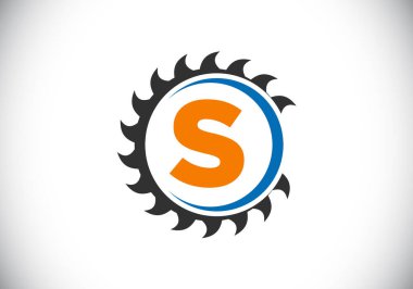 Testereli S harfinin baş harfleri alfabesi. Marangozluk, marangozluk logosu tasarımı. Yazı tipi amblemi. kereste fabrikası ve şirket kimliği için modern vektör logosu