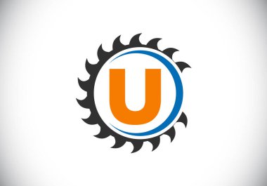 Testereli U harfiyle başlayan harfler. Marangozluk, marangozluk logosu tasarımı. Yazı tipi amblemi. kereste fabrikası ve şirket kimliği için modern vektör logosu