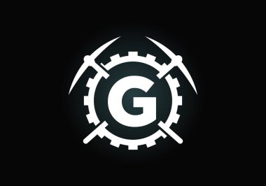 G harfinin baş harfleri alfabede kazma ve vites levhası ile. Madencilik logosu tasarımı. Madencilik ve şirket kimliği için modern vektör logosu.