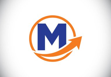 Okla birleştirilmiş M harfli alfabe sembolü tasarımı. Finansal ya da başarı logosu. Yazı tipi amblemi. İş ve şirket kimliği logosu