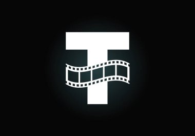 Baştaki T harfleri alfabesi. Film makarasıyla birleştirilmiş. Video ve film logosu konsepti. Yazı tipi amblemi. Eğlence sektörü ve şirket kimliği logosu