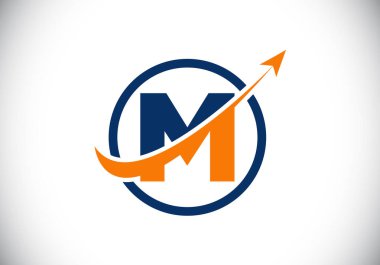 Okla birleştirilmiş M harfli alfabe sembolü tasarımı. Finansal ya da başarı logosu. Yazı tipi amblemi. Muhasebe işi ve şirket kimliği logosu