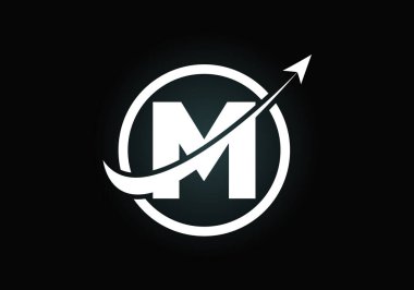 Okla birleştirilmiş M harfli alfabe sembolü tasarımı. Finansal ya da başarı logosu. Yazı tipi amblemi. Muhasebe işi ve şirket kimliği logosu