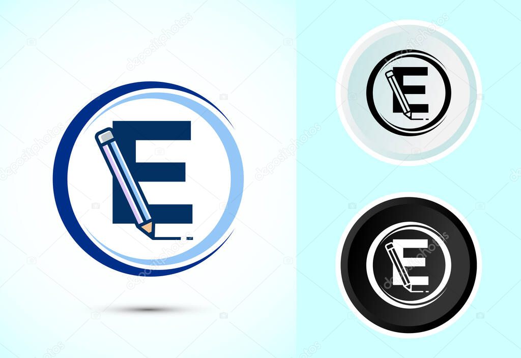 Creative initial E logo design with pencil vector illustration set for business needs