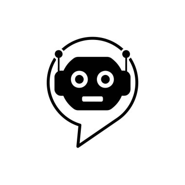 Konuşma balonunun içindeki siyah robot baş simgesi