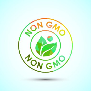 Yeşil bitki yaprakları ve renkli geometrik çerçeve ile dairesel gmo olmayan rozet