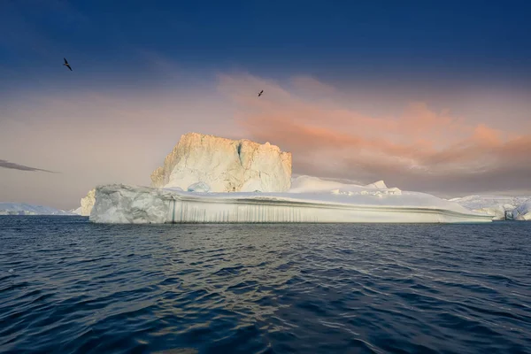 极地夜晚日出时漂浮的冰川 — 图库照片