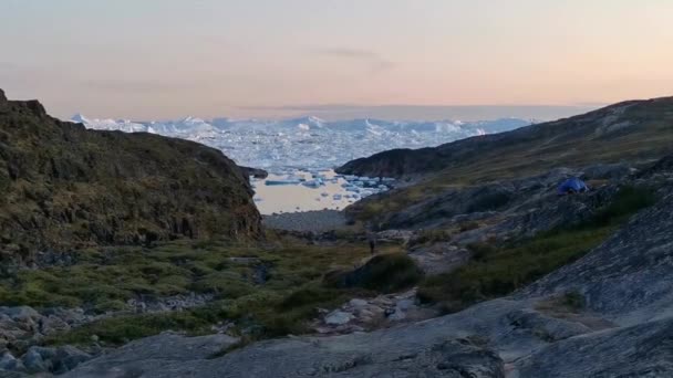 Blick auf ein felsiges Tal im Hintergrund mit Gletschern in der Bucht — Stockvideo