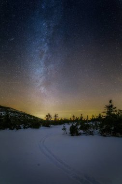 Sisli ve yıldızlı karlı vadi