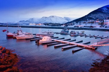 Akşam ışığında tekneleri olan küçük bir liman.
