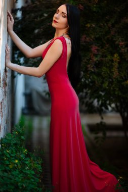 güneşli bir günde bir çit bir arka plan üzerinde kırmızı dudaklar ile seksi kız