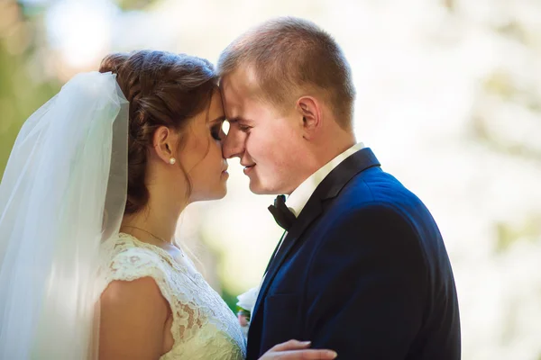 Bello sposo abbracciare bella sposa con bouquet in romantico parco europeo — Foto Stock
