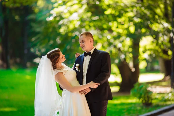 Braut und Bräutigam am Hochzeitstag beim Wandern in der Natur des Frühlings. Brautpaar, glückliche frisch vermählte Frau und Mann umarmen sich im grünen Park. Liebevolles Hochzeitspaar im Freien. Braut und Bräutigam — Stockfoto