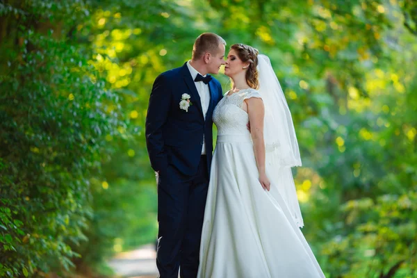 Sposa e sposo a piedi baci vicino alberi e chiesa — Foto Stock